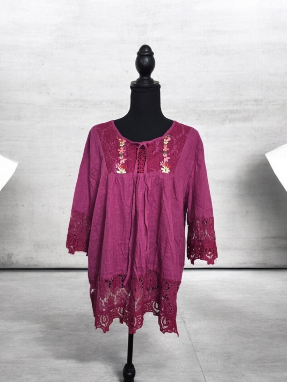 #T013 Women's Magenta Lace Trim Peasant Top